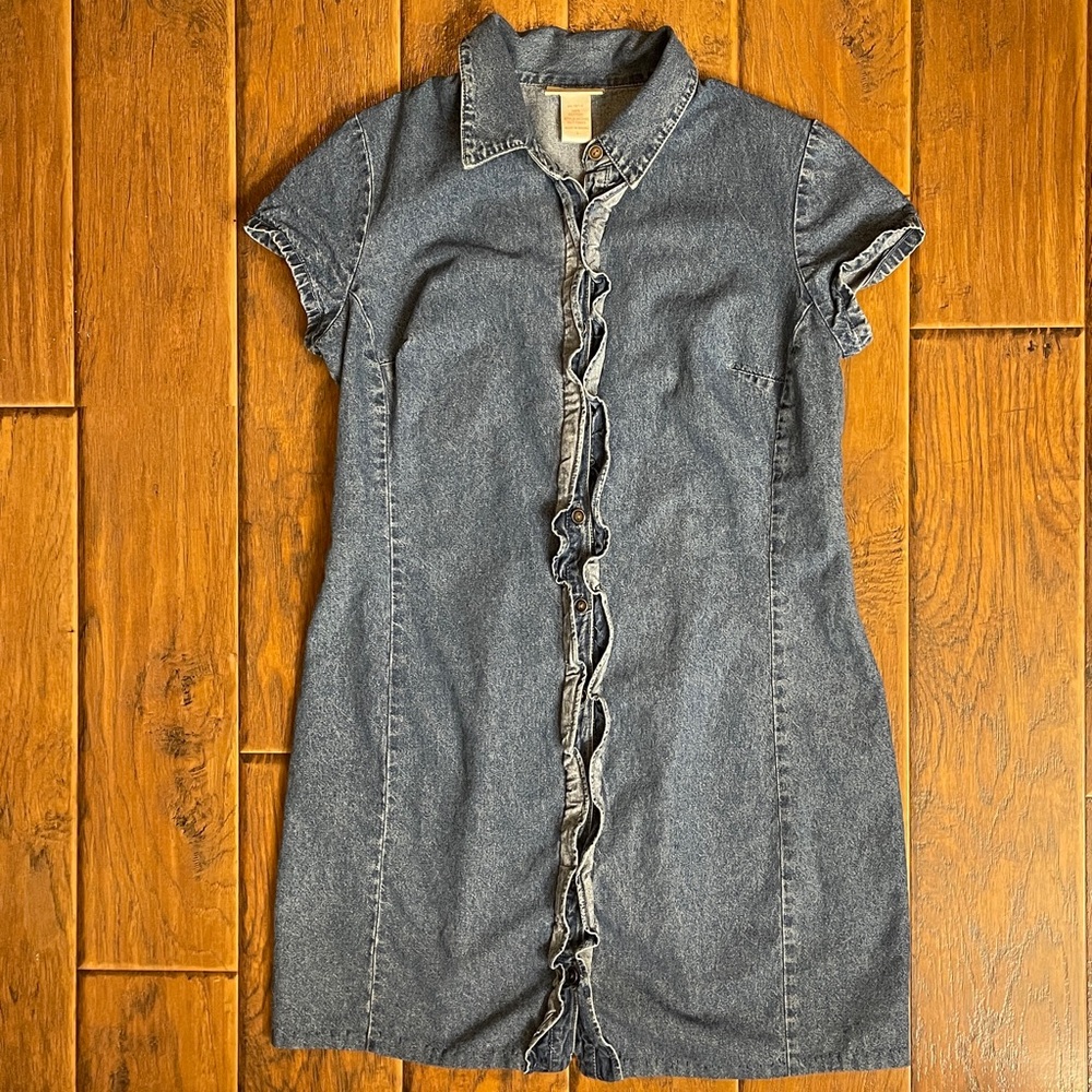 Vintage Y2K Denim Dress Ruffle Front Button Up Fitted 90s Feminine Women’s Large